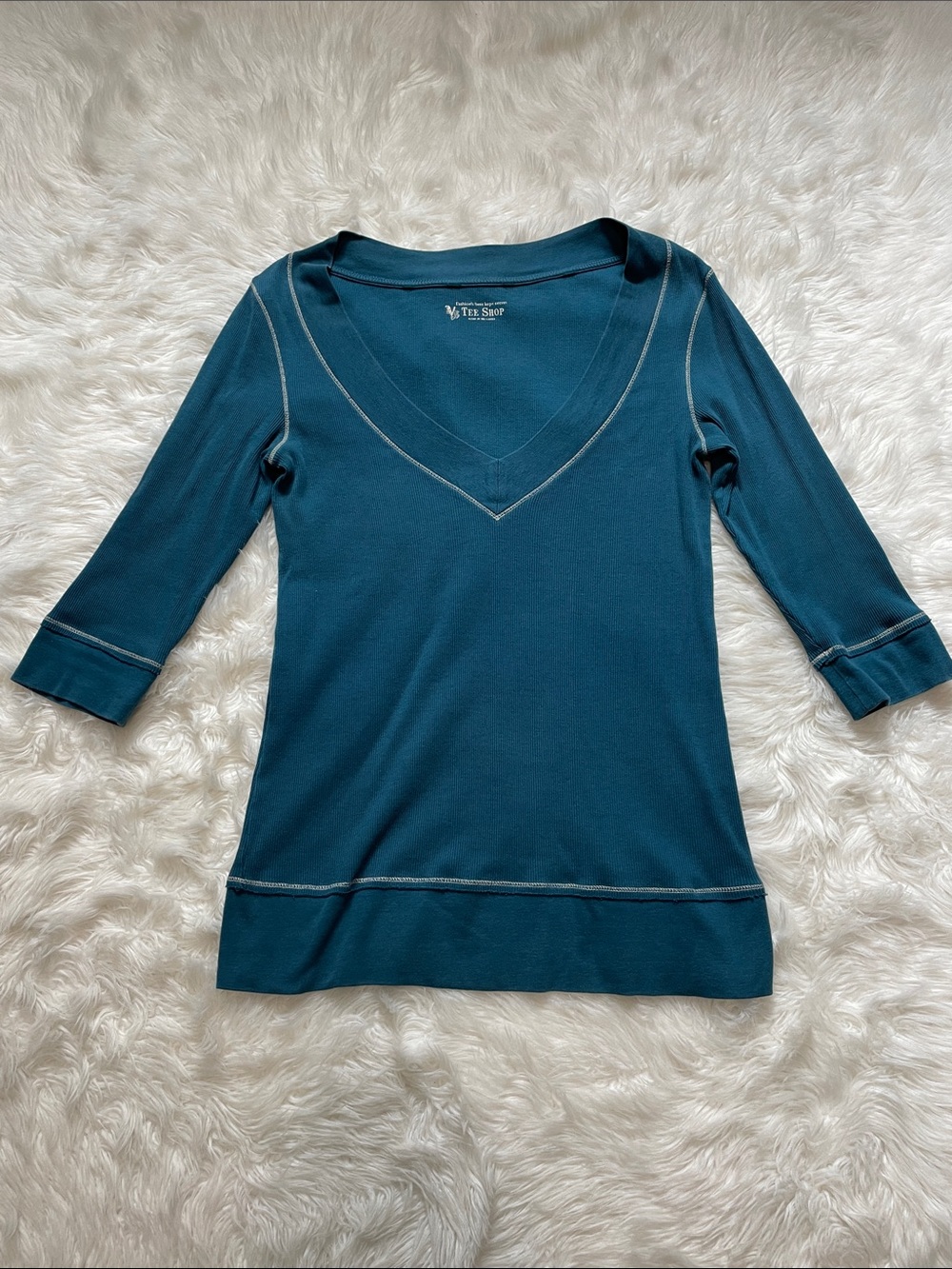 VTG Victoria's Secret Teal V-Neck 3/4 Sleeve Tee Shop Y2K Ribbed Knit Top  Large